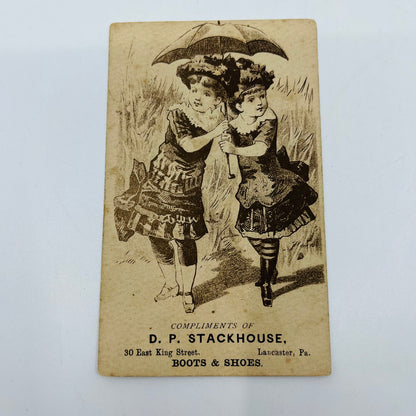 1880 Victorian Trade Card Lancaster PA DP Stackhouse Twin Girls Umbrella AH9-M10