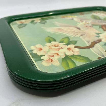 1950's Set of 4 MCM Cockatiel Tropical Toleware Tin Litho Trays 17.5 x 13” TH9-1