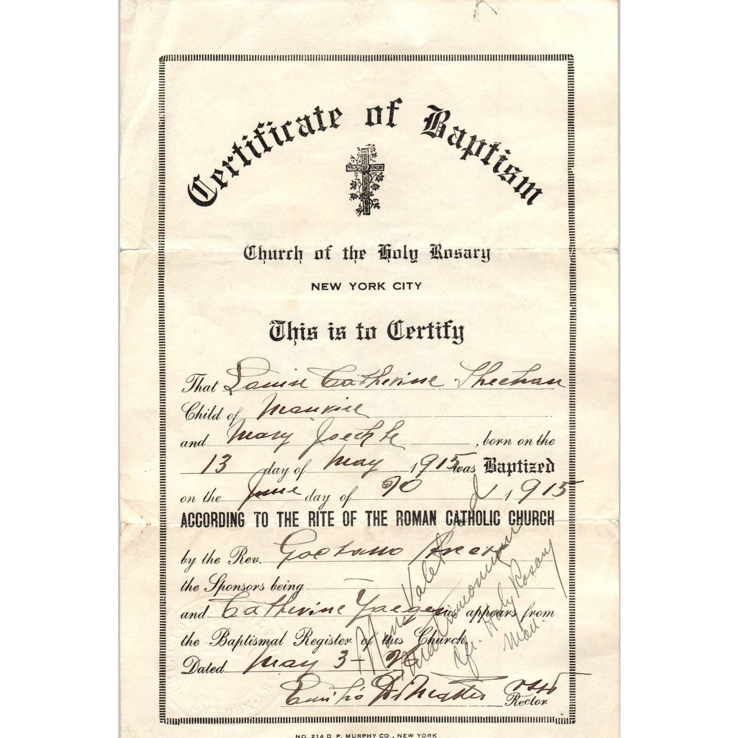 1917 Certificate of Marriage Holy Rosary Church NYC Louise Sheehan AD4