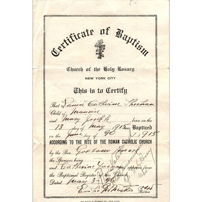 1917 Certificate of Baptism Holy Rosary Church NYC Louise Sheehan AD4