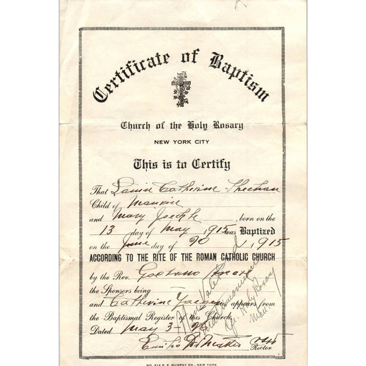 1917 Certificate of Baptism Holy Rosary Church NYC Louise Sheehan AD4