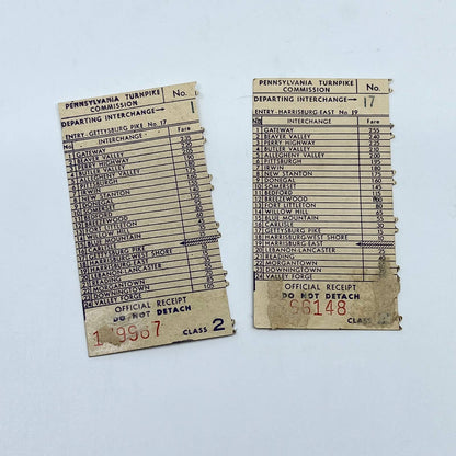 1970s Pennsylvania Turnpike Receipt Stubs Gettysburg Pike to Harrisburg East SC6