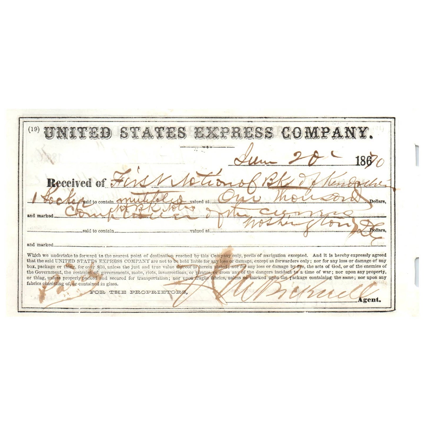 1870 United States Express Company Handwritten Receipt AD8-1