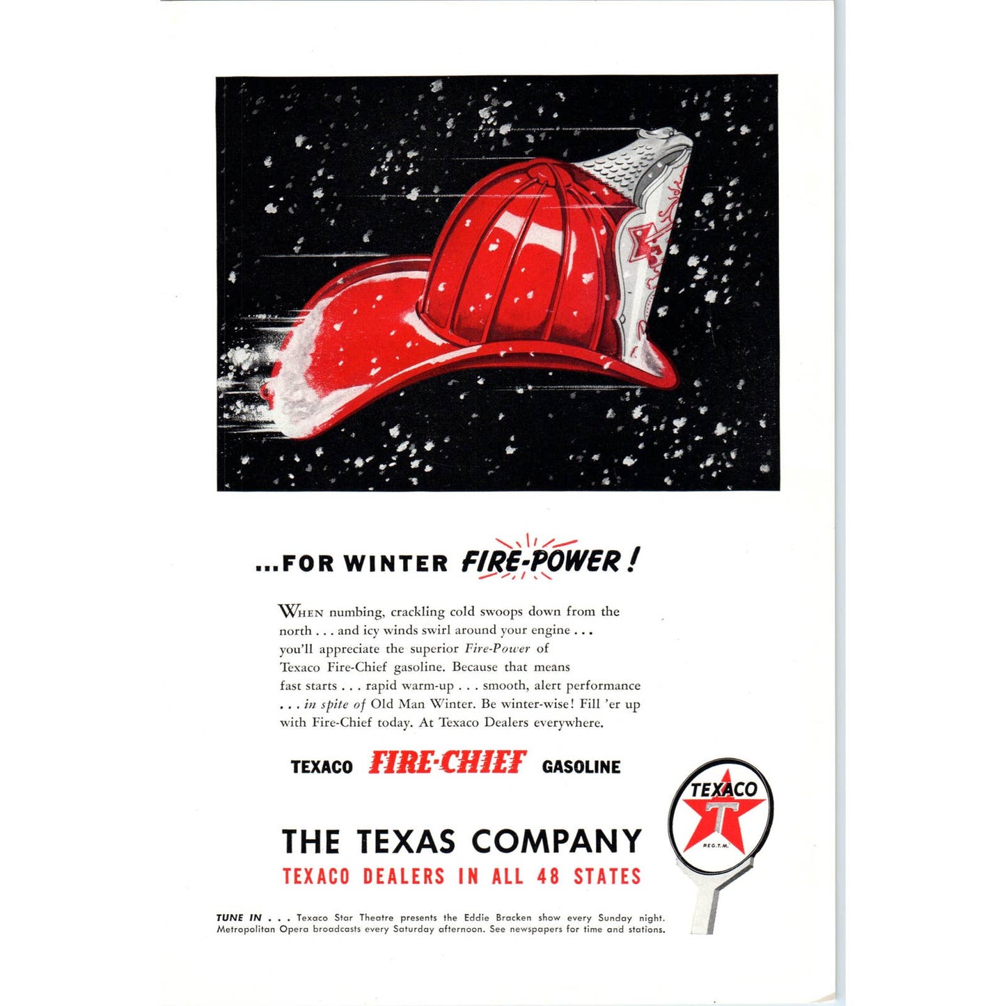 Antique Original Print Ad Texaco Fire Chief Gasoline Winter Fire Power 6x9 TJ1-2