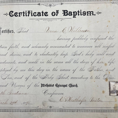 1891 North Indiana Methodist Church Baptism Certificate Verna Willcoxon FL5