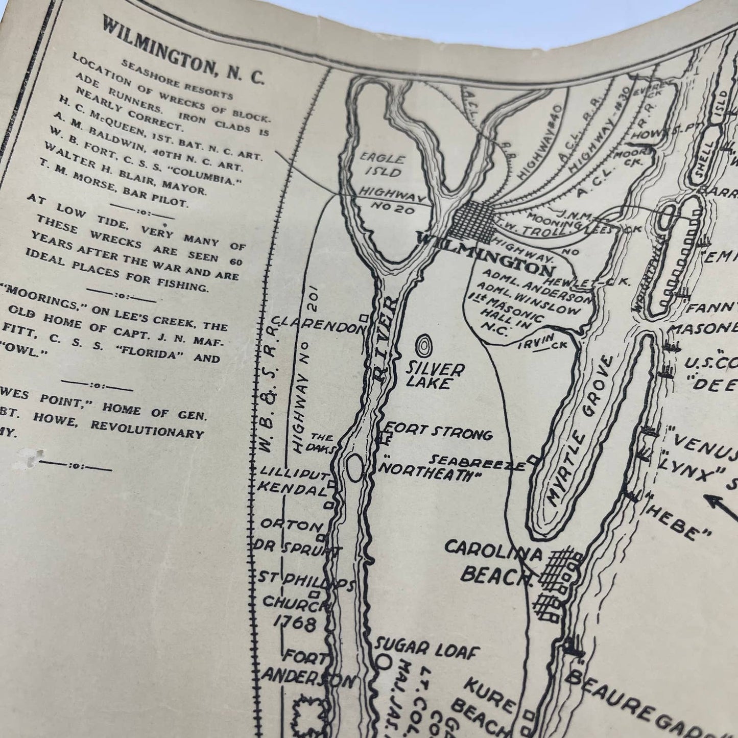 1925 Map of Wilmington NC Seashore Resorts by Robert N. Sweet 8.5x11" AC9