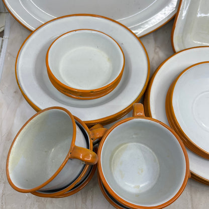 Vintage Enamelware 6 Place Setting Full Set White Orange Trim Bowls Plates Cups