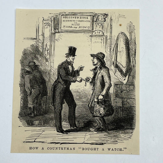 1880s Original Art Print Engraving How a Countryman Bought a Watch NY ~4.5" AC9