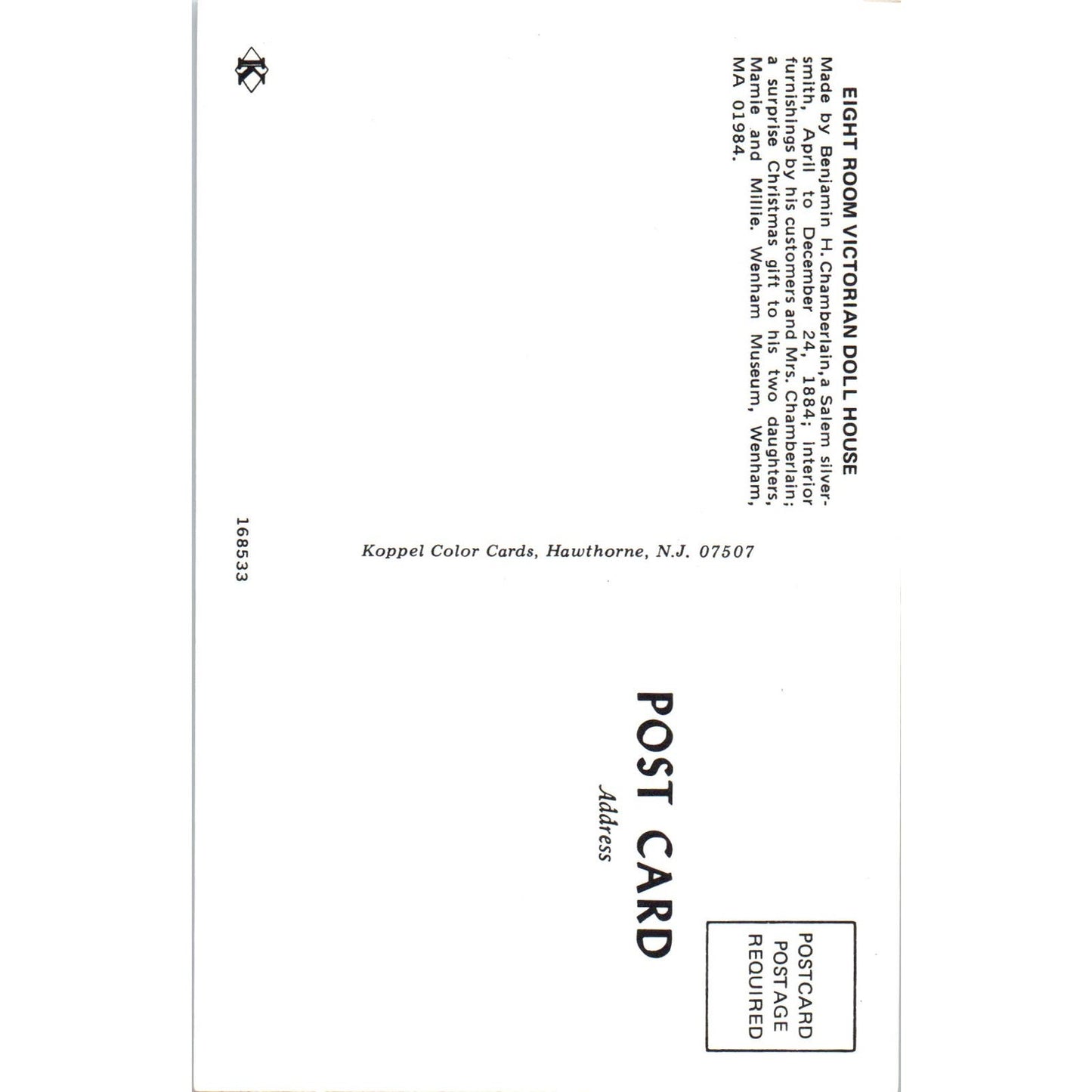 Eight Room Victorian Doll House Benjamin H. Chamberlain Salem MA Postcard PB9