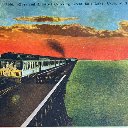 Vintage Postcard OVERLAND LIMITED FLYER Railroad Crossing Great Salt Lake UT PA1