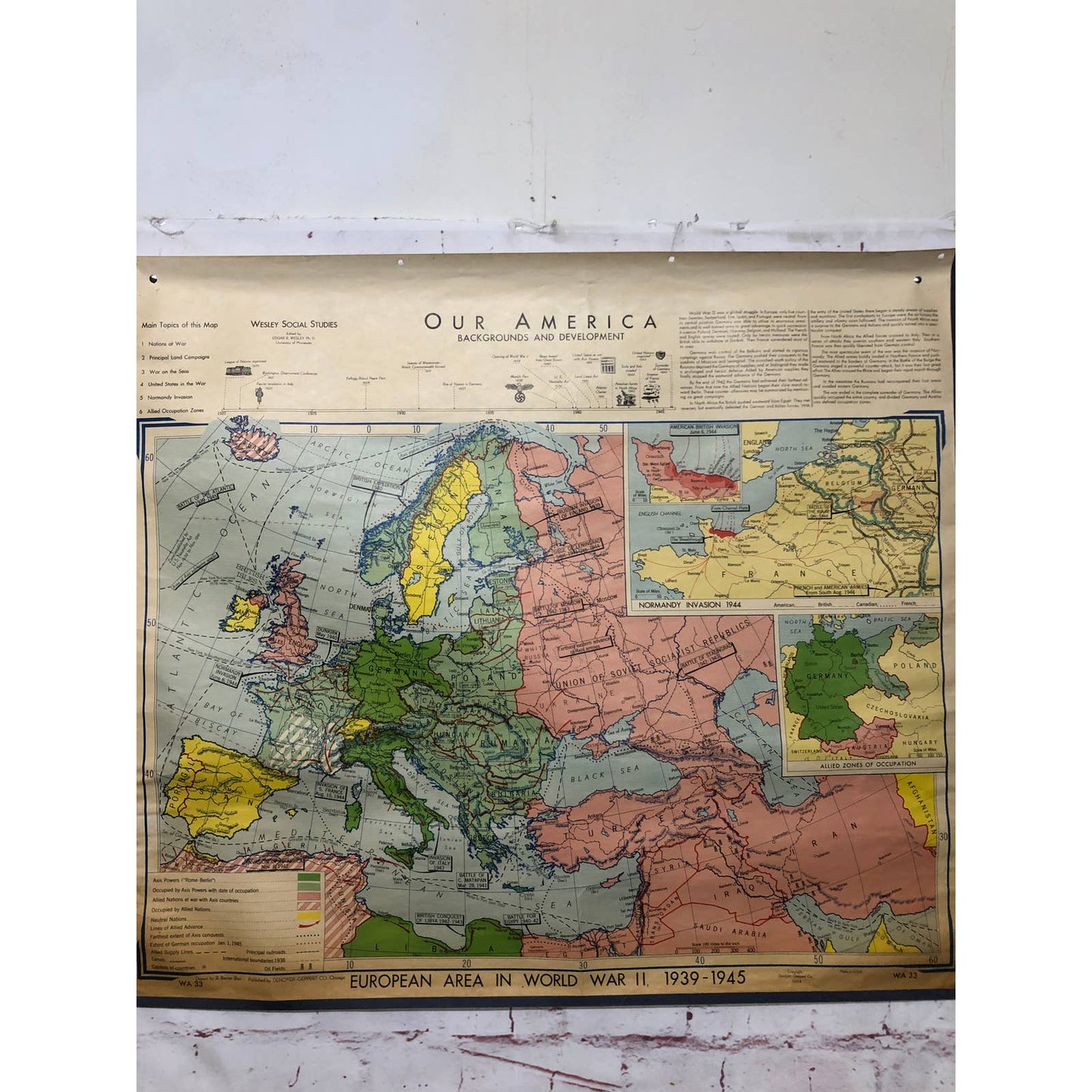 LARGE 1956 Denoyer-Geppert Co Wall Map European Area in World War II 1939 - 1945