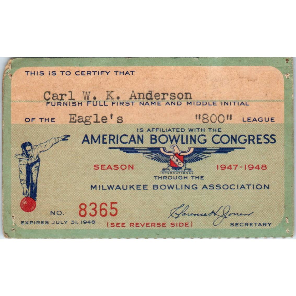 1947 American Bowling Congress Milwaukee Membership Card Eagles 800 SE5-8