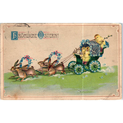 c1910 German Easter Bunnies Pulling Buggy of Chicks Original Postcard TK1-P19