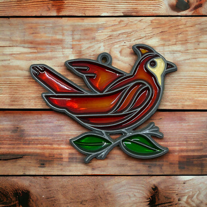 1980s Red Bird on Branch Stained Glass Suncatcher 3.5” TE5-S1
