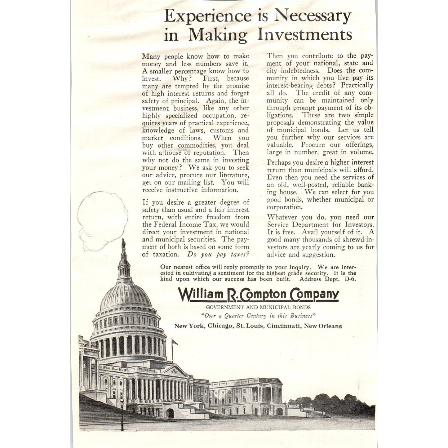 c1920 Magazine Ad - William R. Compton Co. Government & Municipal Bonds EA3