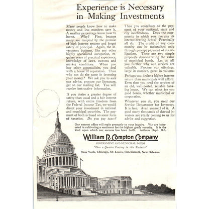 c1920 Magazine Ad - William R. Compton Co. Government & Municipal Bonds EA3