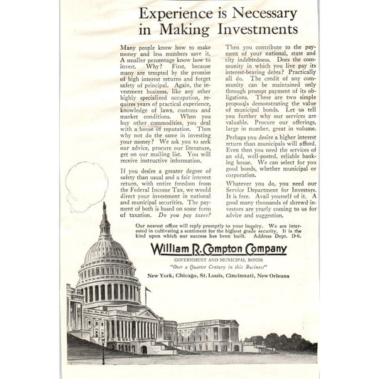 c1920 Magazine Ad - William R. Compton Co. Government & Municipal Bonds EA3