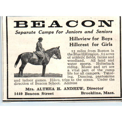 c1920 Harper's Magazine Ad - Beacon Camps Althea H. Andrew Brookline MA EA3-2