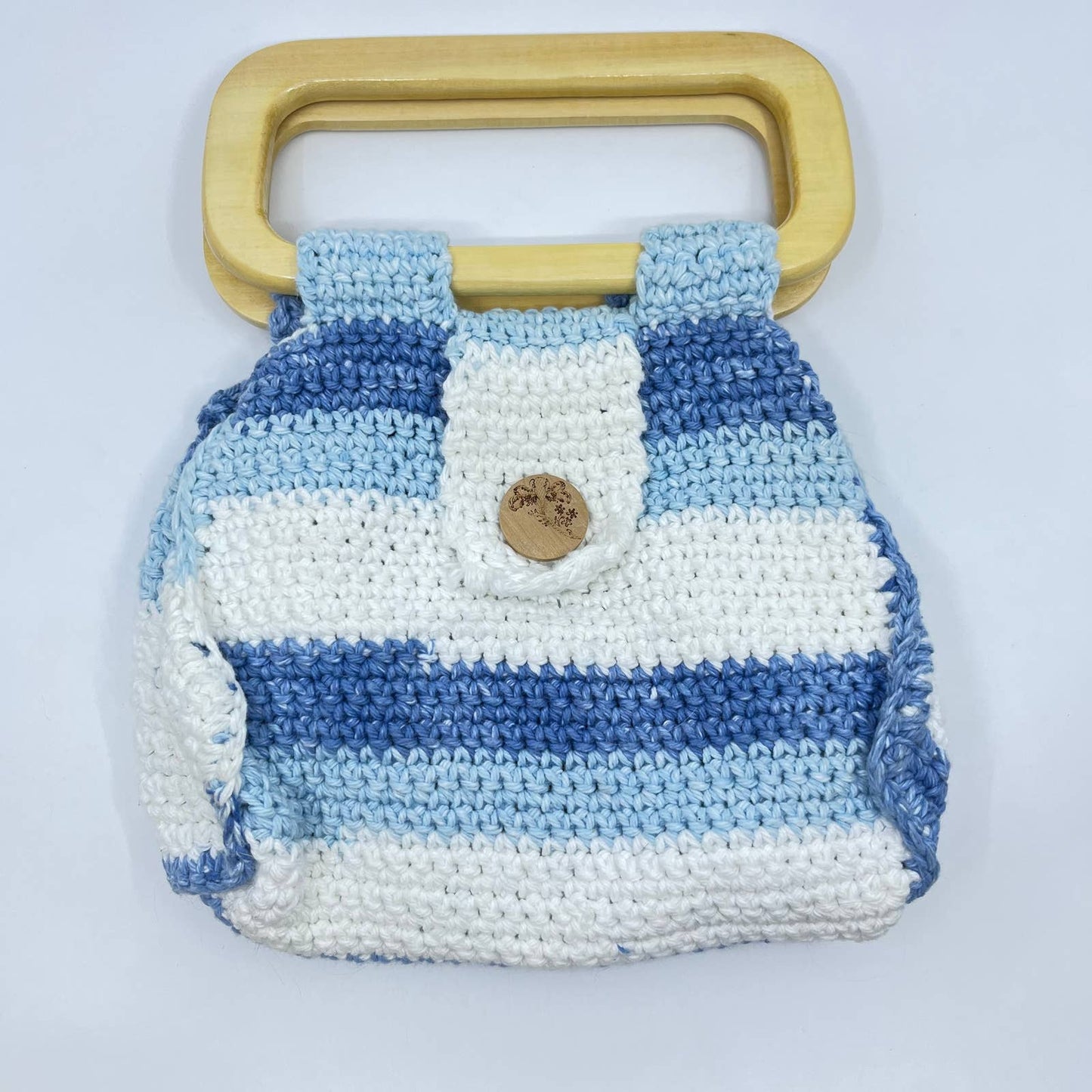 Vintage Handmade Crocheted Beach Purse Handbag Wood Handle 9” TC6