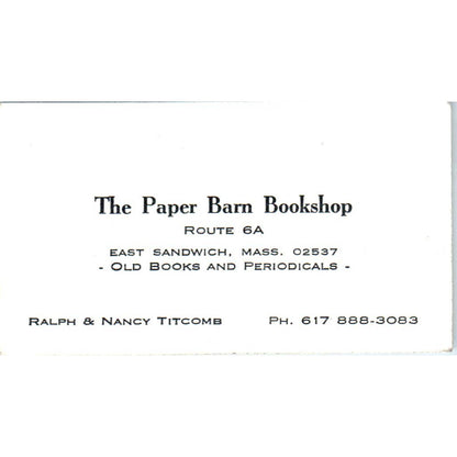 Business Card The Paper Barn Bookshop East Sandwich MA Ralph & Nancy Titcomb SE5