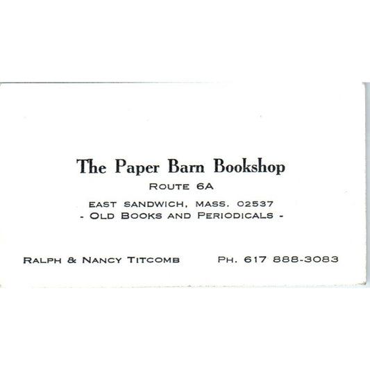 Business Card The Paper Barn Bookshop East Sandwich MA Ralph & Nancy Titcomb SE5