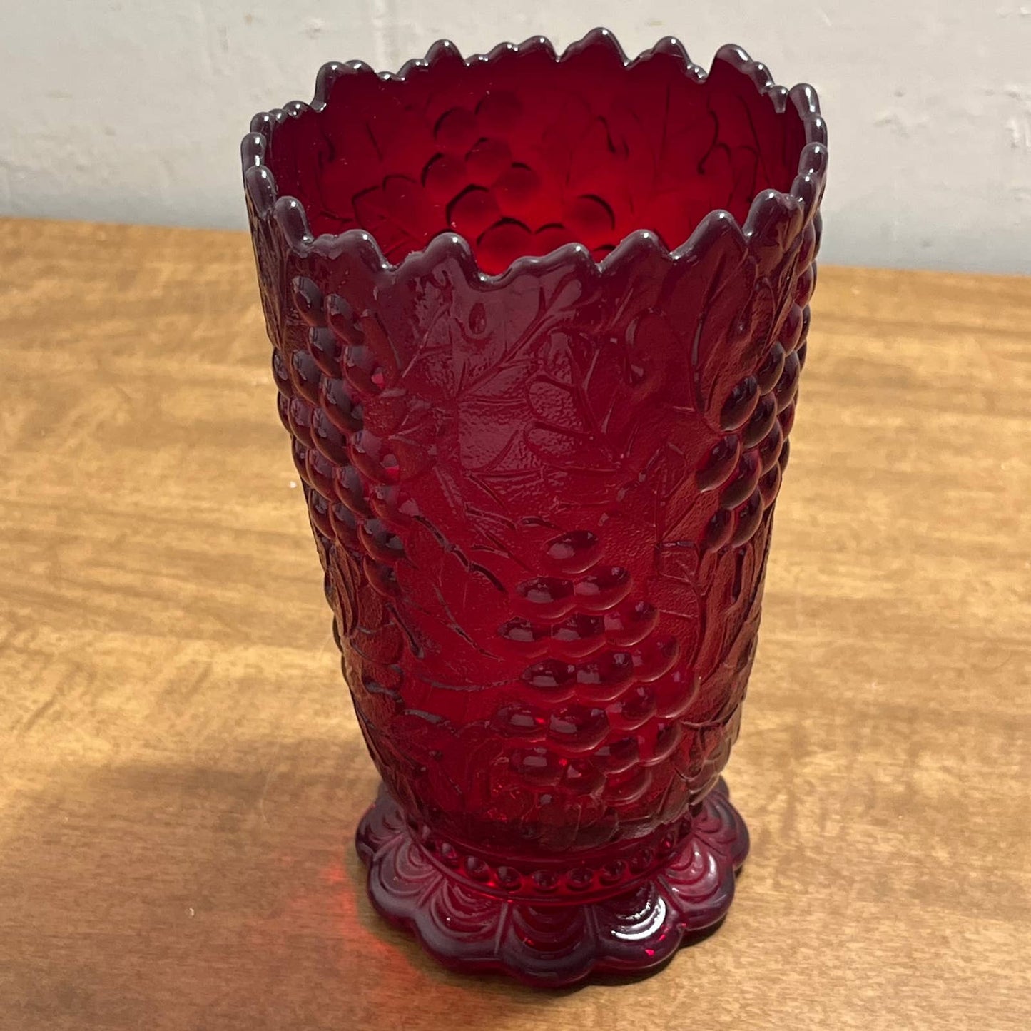 Vintage IMPERIAL GLASS Ruby Red Pressed Glass Harvest Grape Footed Vase 6” TB2
