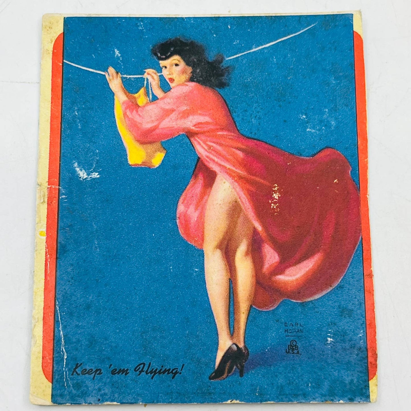 Keep 'em Flying! Earl Moran pin-up miniature blotter 1940s skirt blowing EA1