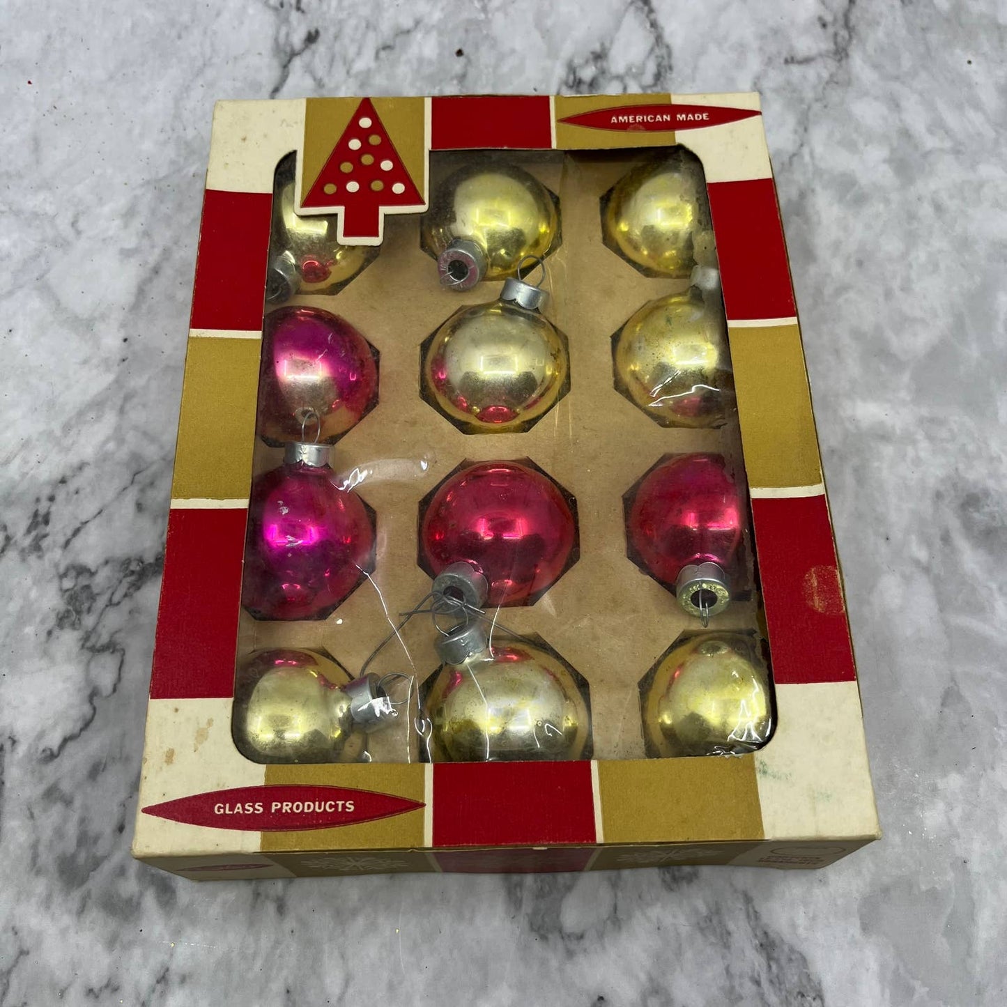 Coby 12 Vintage 1 3/4" Mercury Glass Ornaments Original Box Red Gold OT1