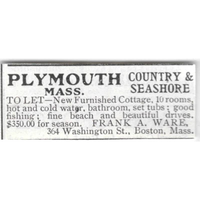 Plymouth Mass Cottage For Rent Frank A Ware Boston - 1903 Original Ad TJ8-7-4