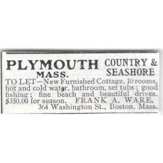 Plymouth Mass Cottage For Rent Frank A Ware Boston - 1903 Original Ad TJ8-7-4