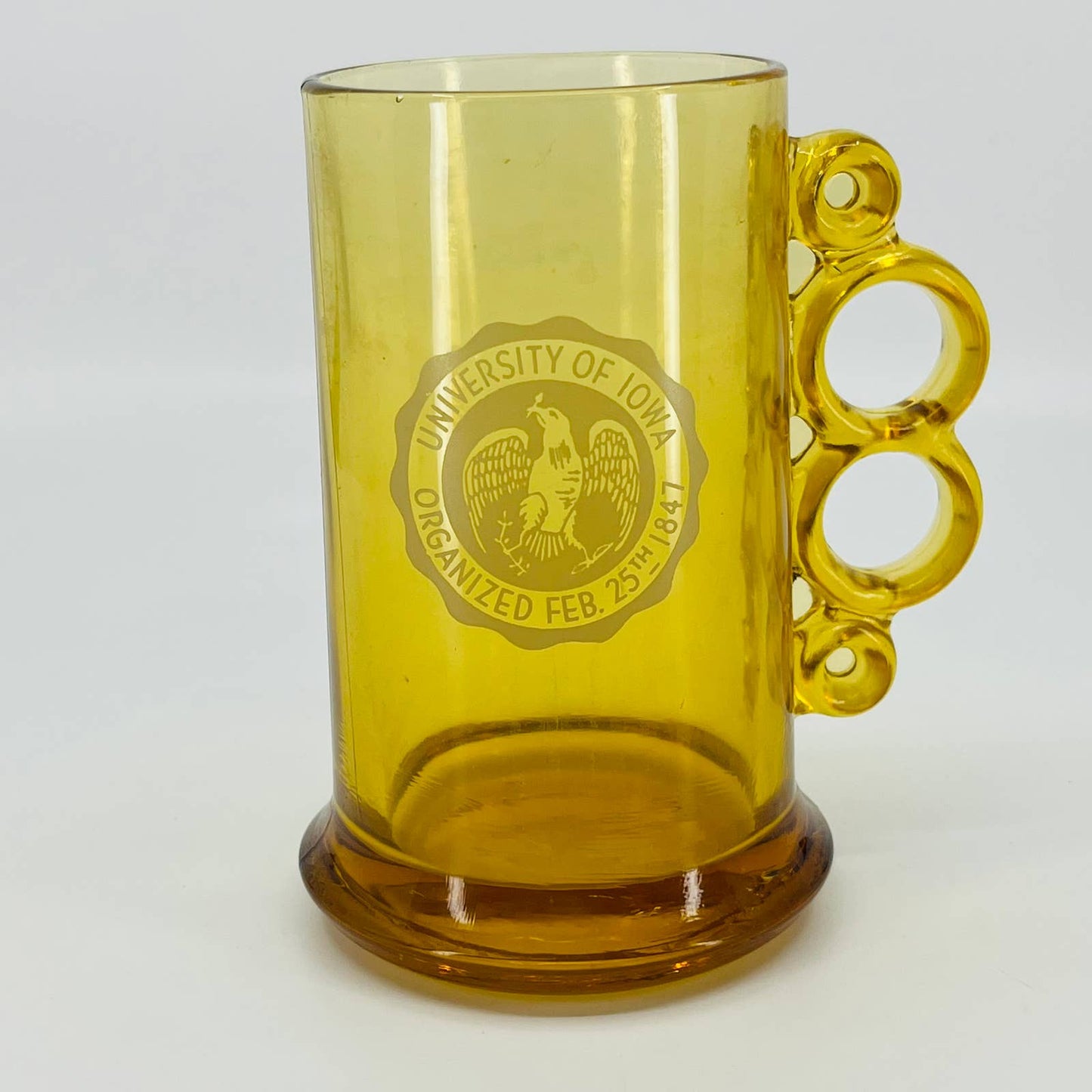 1960s University of Iowa Hawkeyes Amber Glass Mug Stein Knucklebuster TB7