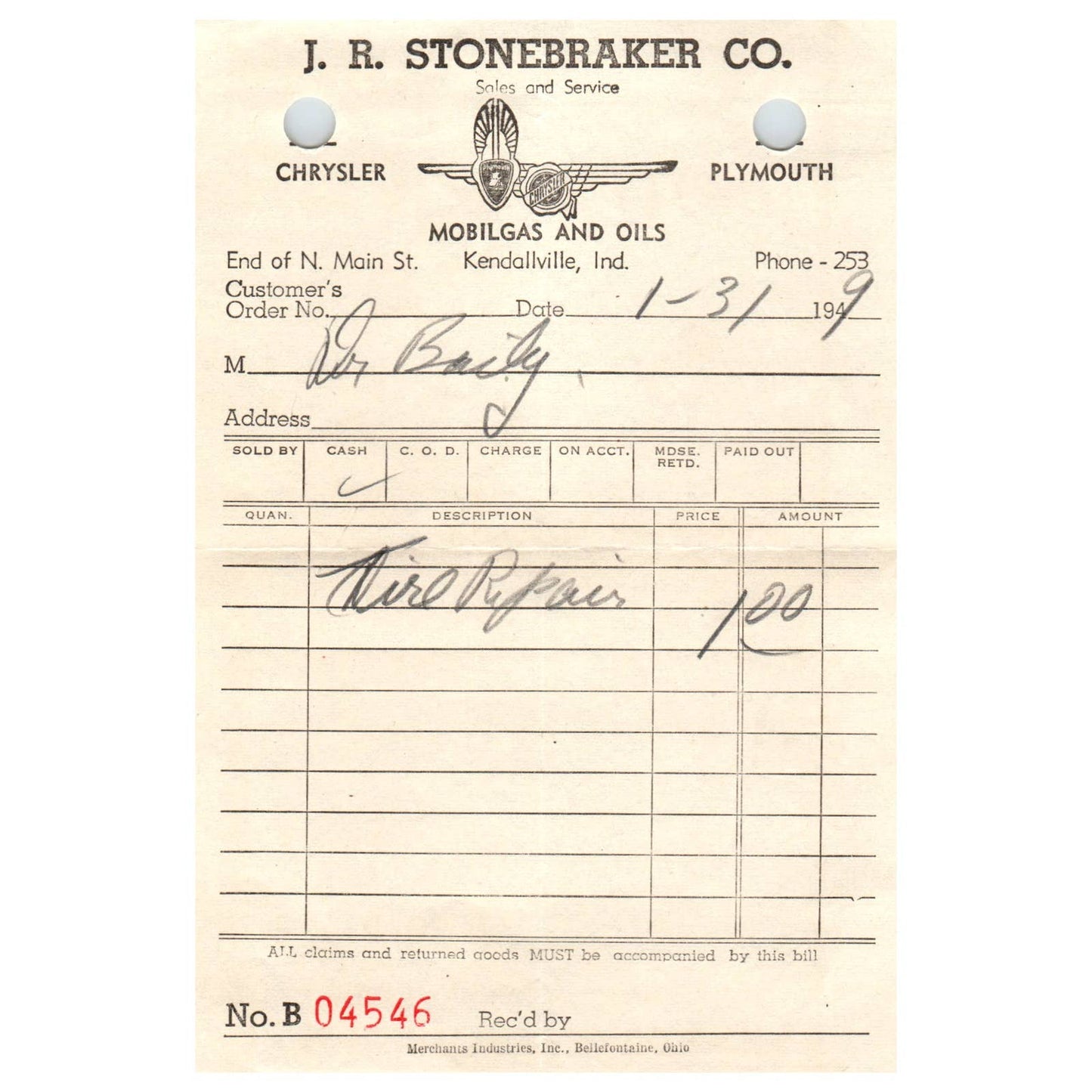 1949 JR Stonebraker Co. Mobilgas and Oils Letterhead Kendallville IN AD8-1