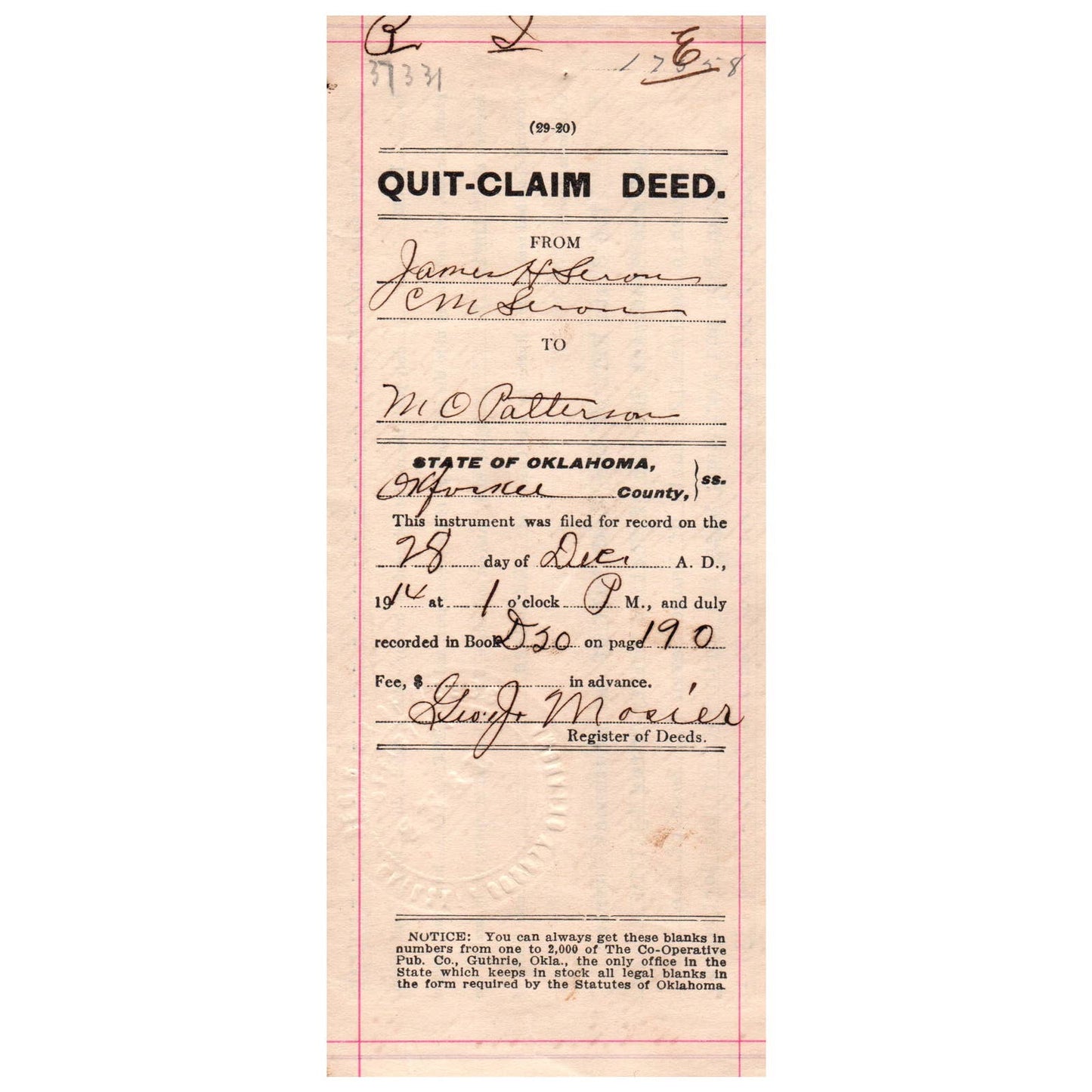 1914 Quit Claim Deed Indenture Okfuskee County Oklahoma James H. Seran SE4