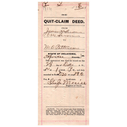 1914 Quit Claim Deed Indenture Okfuskee County Oklahoma James H. Seran SE4