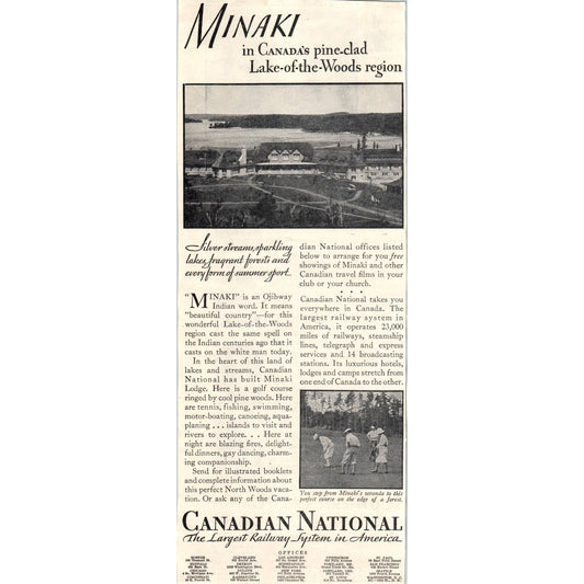 1931 Canadian National Railway Minaki Lake of the Woods Travel Ad ~4.75x12 FL5-1