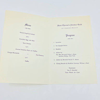 1957 St. Theresa's Aviation Guild Annual Communion Breakfast Menu & Program AB7