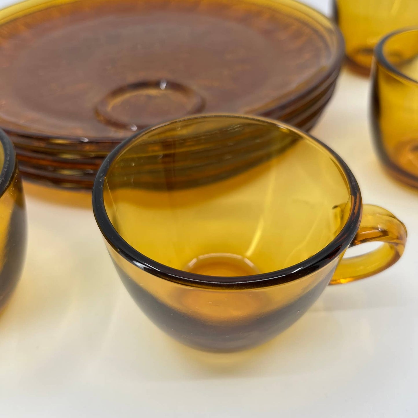 VTG Indiana Glass Golden Honey Amber Sunburst Snack Set 8 Piece Plates Cups TB5