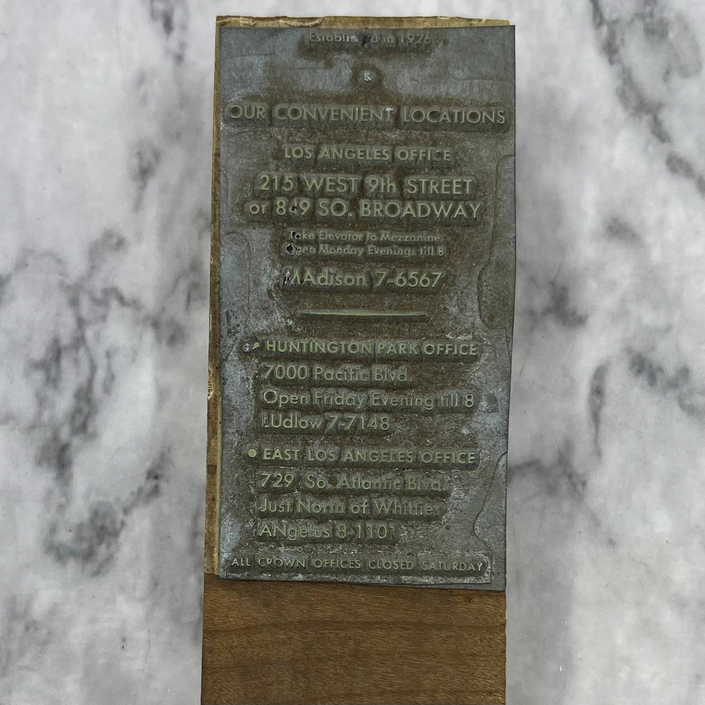 Vtg Printing Letterpress Printers Block Plate Los Angeles Business Hours TJ51