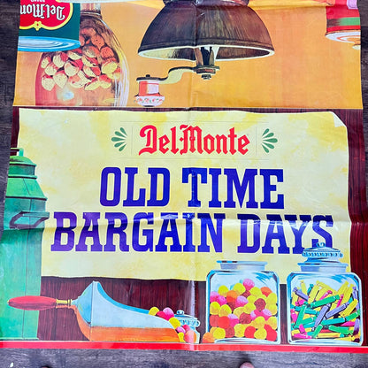 1960s HUGE Fold Out Sign Poster Del Monte “Old Time Bargain Days”  50x37 FL1