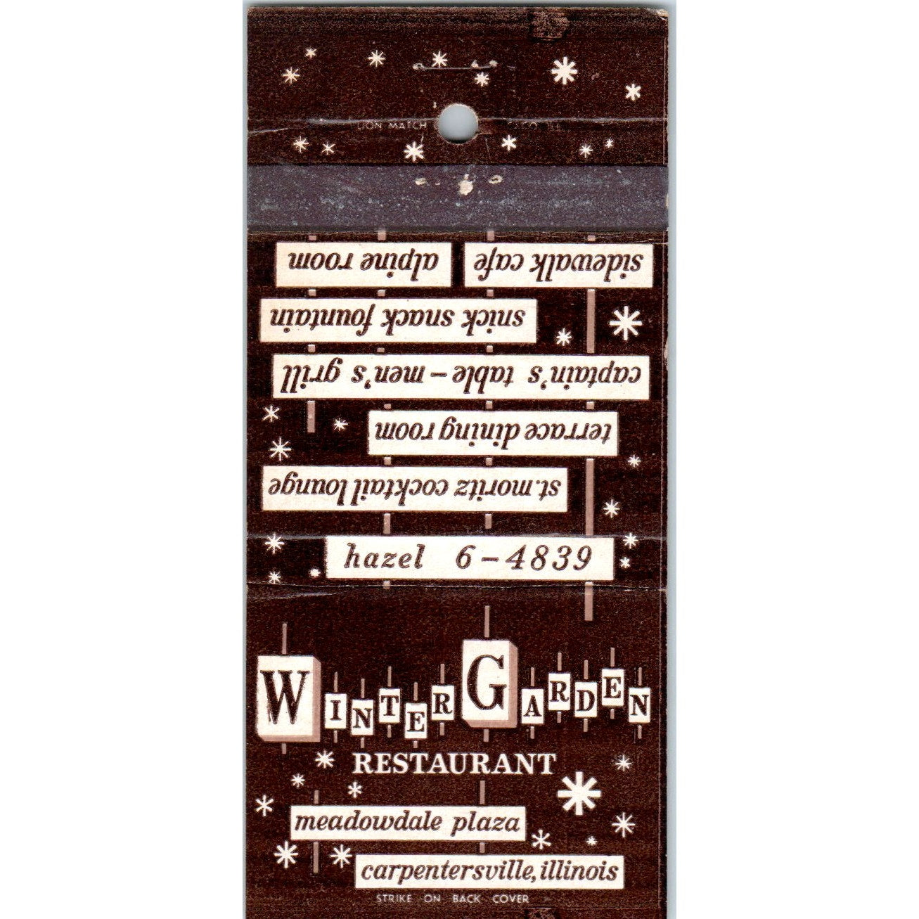 Winter Garden Restaurant Carpentersville IL Advertising Matchbook Cover MM9-6