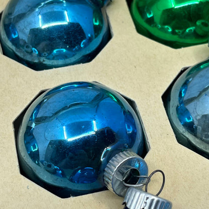 Shiny Brite 12 Vtg 1 3/4" Mercury Glass Ornaments Original Box Blue/Green TJ9