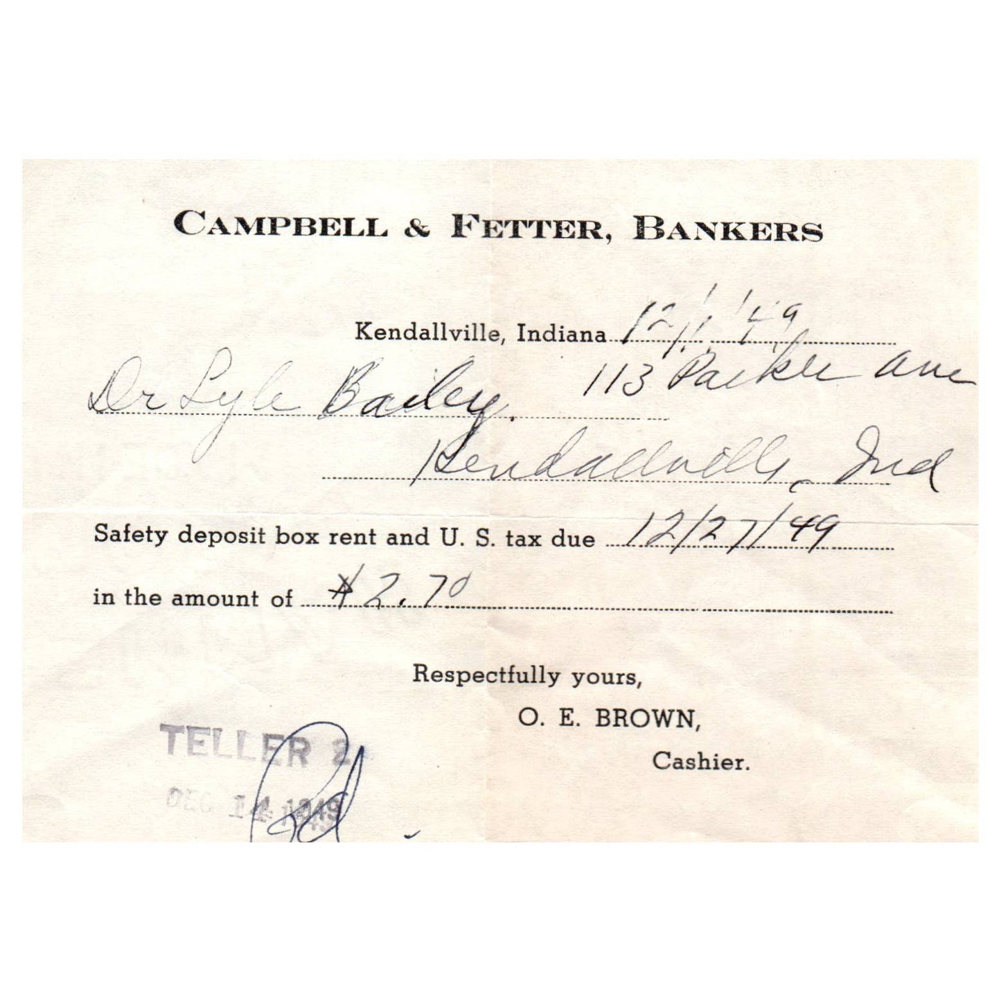 1949 Campbell & Fetter Bankers Kendallville Indiana Safe Deposit Box Slip AD8