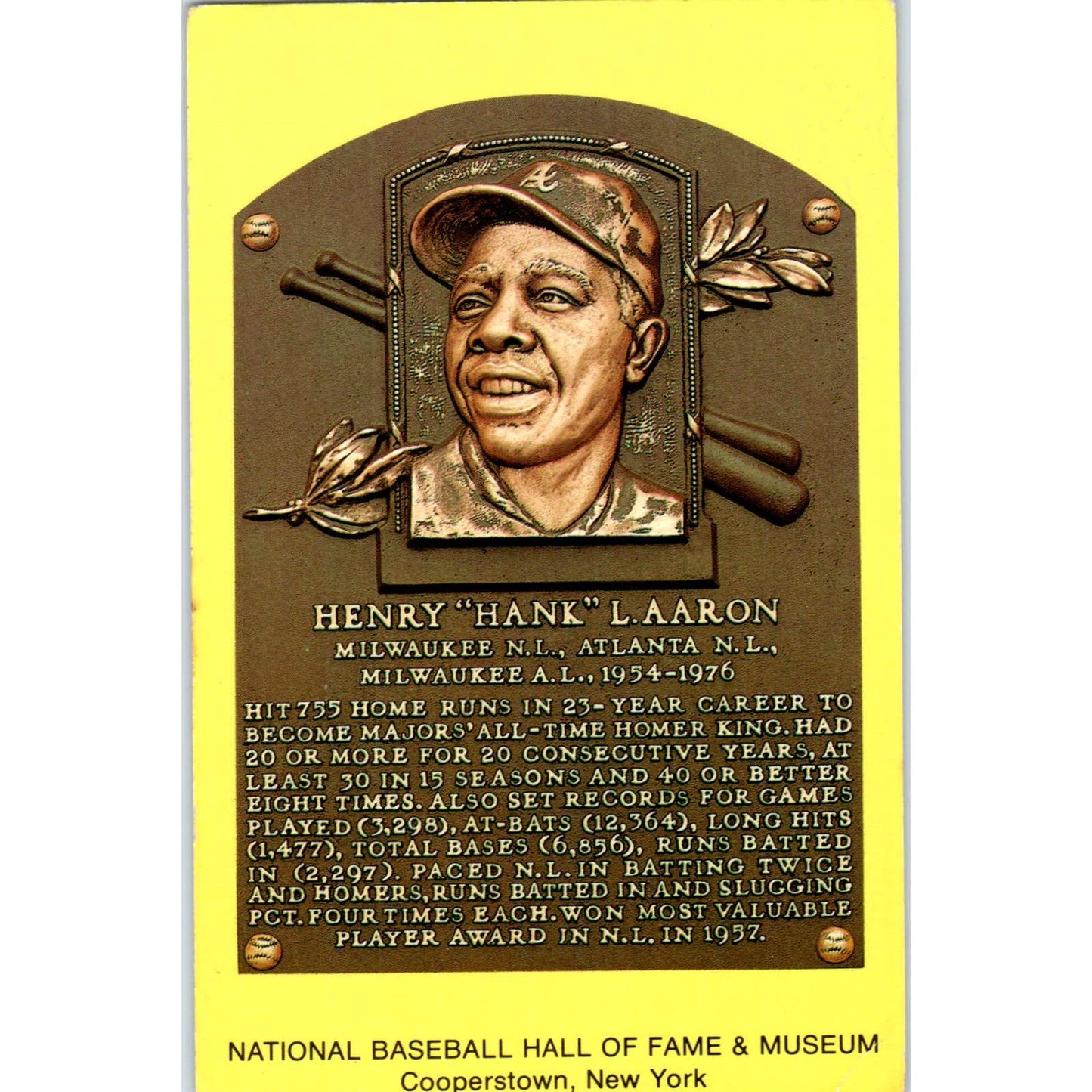 National Baseball Hall of Fame Hank Aaron Original Postcard TK1-23