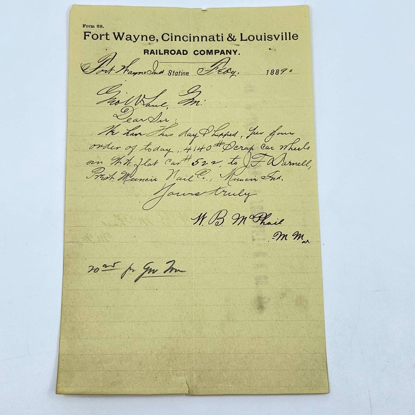 1890 Fort Wayne, Cincinnati & Louisville RR Letterhead Memo AB1