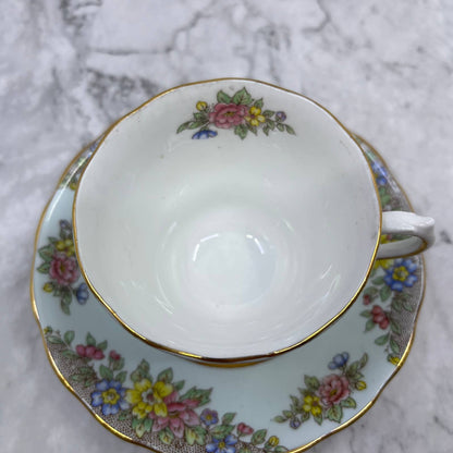 Colclough England Bone China Footed Tea Cup & Saucer Set Pale Blue & Floral TD1