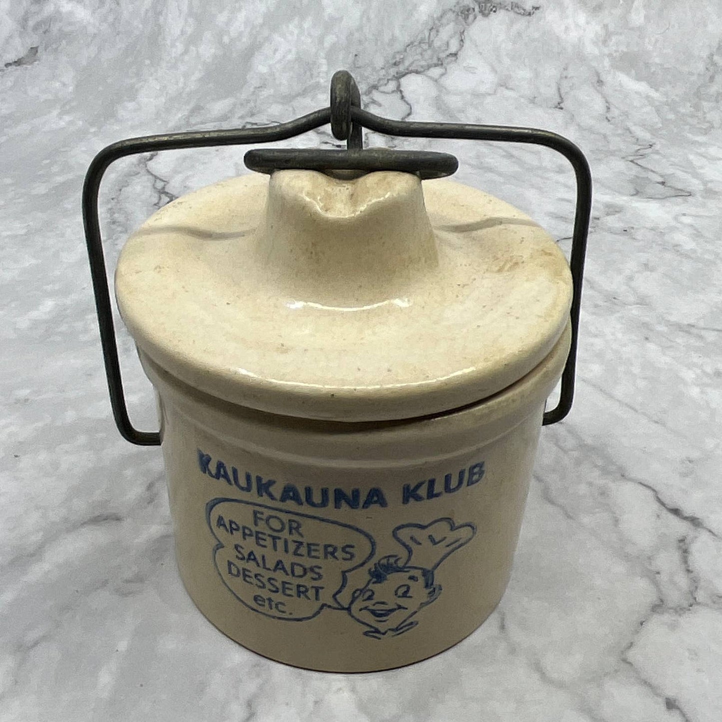 VTG Small Kaukauna Klub Wisconsin Dairy Stoneware Crock 4” Wire Bale Lid TI7