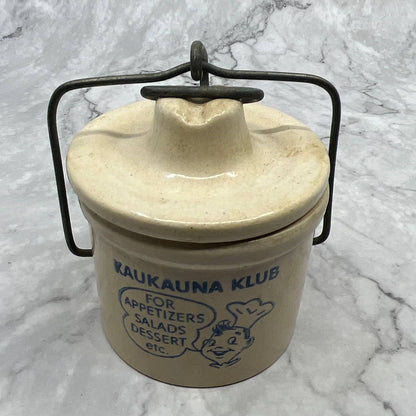 VTG Small Kaukauna Klub Wisconsin Dairy Stoneware Crock 4” Wire Bale Lid TI7