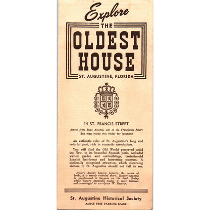 Vintage Explore the Oldest House - St. Augustine Florida Travel Brochure TH2-SF2