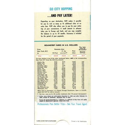 1964 KLM Airlines Multi Stop-over Plan Layover Planner Pull Card SE3-4