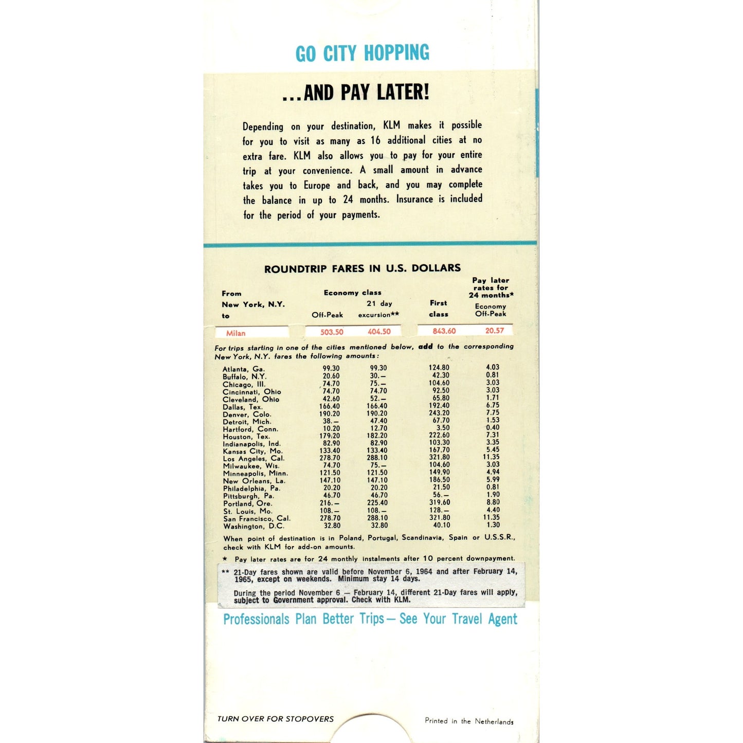 1964 KLM Airlines Multi Stop-over Plan Layover Planner Pull Card TH2-SF2